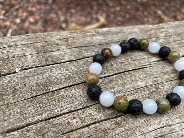 Bracelet élastique de Lithothérapie "Triple Protection" Unakite, Pierre de Lave et Aigue Marine