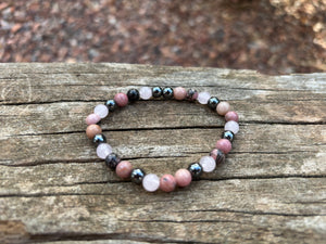 Bracelet élastique de Lithothérapie en Quartz Rose, Hématite, Rhodonite et Rhodochrosite, Made in France