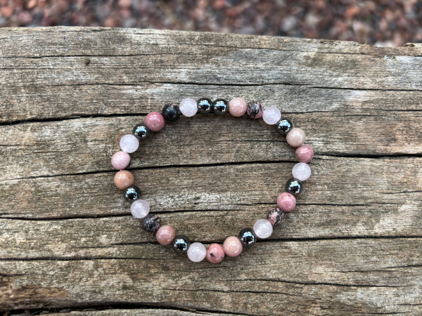 Bracelet élastique de Lithothérapie en Quartz Rose, Hématite, Rhodonite et Rhodochrosite, Made in France