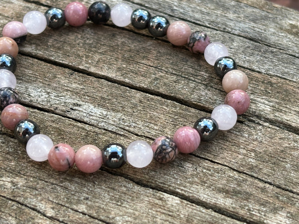 Bracelet élastique de Lithothérapie en Quartz Rose, Hématite, Rhodonite et Rhodochrosite, Made in France