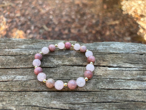 Bracelet élastique de Lithothérapie en Quartz Rose et Rhodochrosite, Made in France