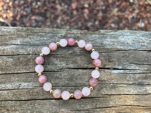 Bracelet élastique de Lithothérapie en Quartz Rose et Rhodochrosite, Made in France