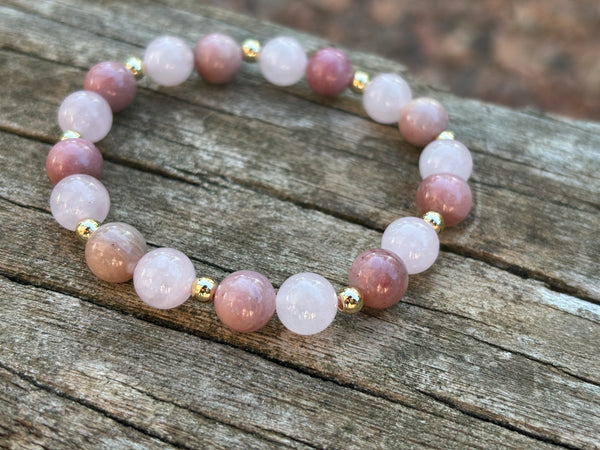Bracelet élastique de Lithothérapie en Quartz Rose et Rhodochrosite, Made in France