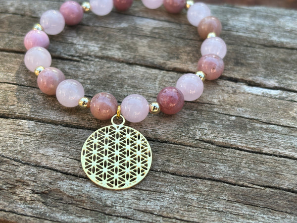Bracelet élastique de Lithothérapie en Quartz Rose et Rhodochrosite, Made in France