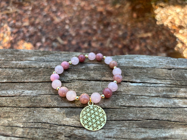 Bracelet élastique de Lithothérapie en Quartz Rose et Rhodochrosite, Made in France