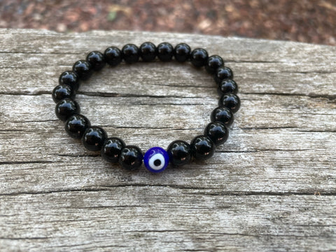 Bracelet élastique de Lithothérapie en Onyx naturel et Oeil Turc Nazar Boncuk