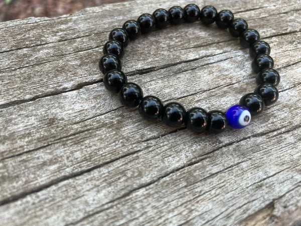 Bracelet élastique de Lithothérapie en Onyx naturel et Oeil Turc Nazar Boncuk