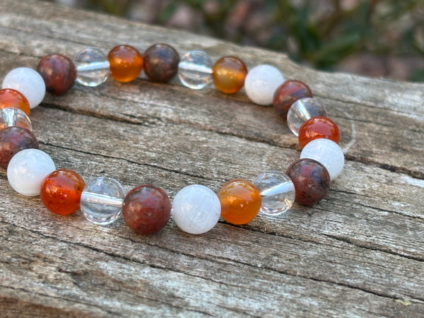 Bracelet élastique Spécial Fertilité et Fécondité en Cristal de Roche, Pierre de Lune, Cornaline et Jaspe Rouge