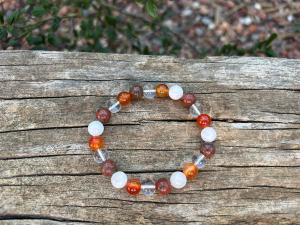 Bracelet élastique Spécial Fertilité et Fécondité en Cristal de Roche, Pierre de Lune, Cornaline et Jaspe Rouge