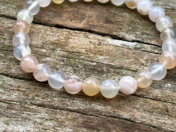 Bracelet élastique de Lithothérapie en Agate Fleur de Cerisier, Fleur de Sakura