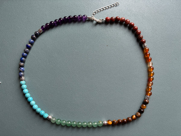 Collier 7 chakras en pierres semi-précieuses, perles de 6mm, Made in France