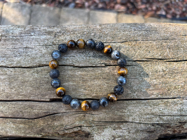 Bracelet élastique de Lithothérapie "Triple Protection" Oeil de Tigre, Labradorite et Pierre de Lave