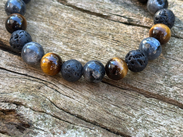 Bracelet élastique de Lithothérapie "Triple Protection" Oeil de Tigre, Labradorite et Pierre de Lave