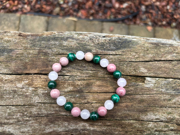 Bracelet de lithothérapie en Malachite, Quartz Rose et Rhodochrosite