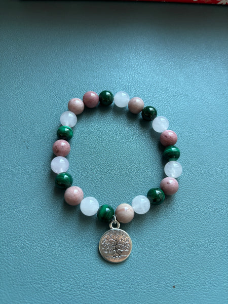 Bracelet de lithothérapie en Malachite, Quartz Rose et Rhodochrosite