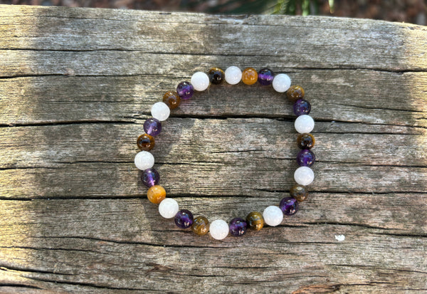 Bracelet de lithothérapie en Améthyste, Oeil de Tigre et Pierre de Lune
