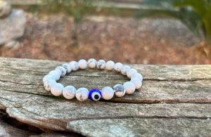 Bracelet élastique de Lithothérapie en Howlite blanche naturelle et Oeil Turc Nazar Boncuk