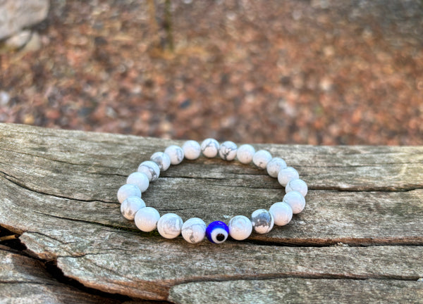 Bracelet élastique de Lithothérapie en Howlite blanche naturelle et Oeil Turc Nazar Boncuk