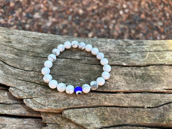 Bracelet élastique de Lithothérapie en Howlite blanche naturelle et Oeil Turc Nazar Boncuk