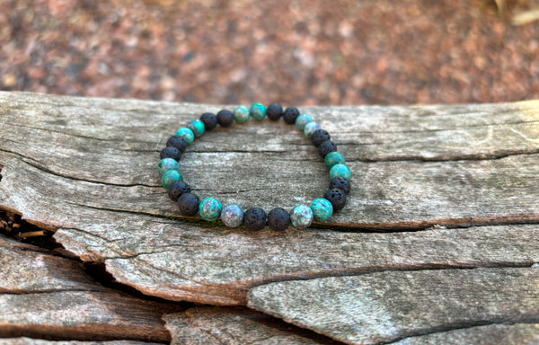 Bracelet élastique de Lithothérapie en Turquoise Africaine et pierre de Lave