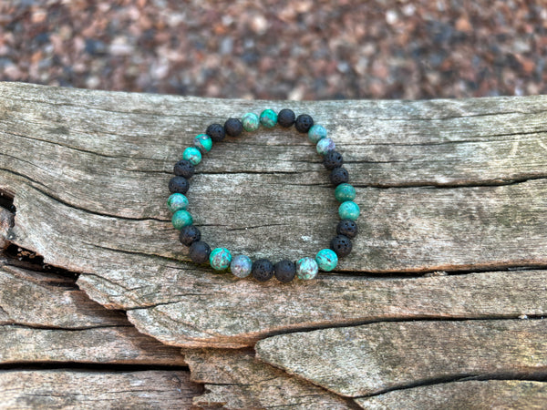Bracelet élastique de Lithothérapie en Turquoise Africaine et pierre de Lave