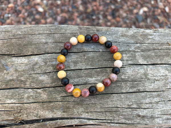 Bracelet élastique Lithothérapie en Jaspe Mokaïte ou Mookaite et Agate noire, Made in France