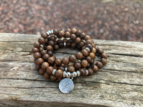 Bracelet Mala tibétain en bois et breloque argentée