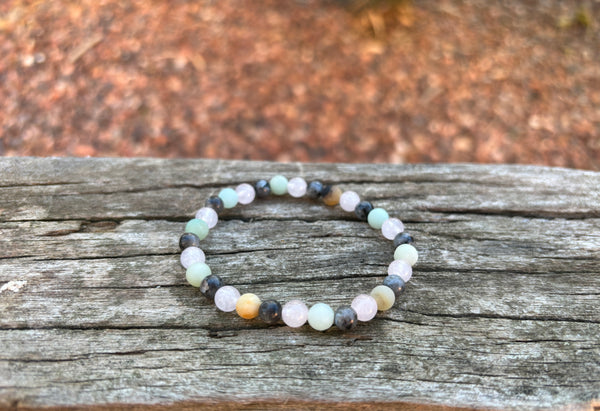 Bracelet élastique de Lithothérapie en Labradorite, Quartz Rose et Amazonite, Made in France