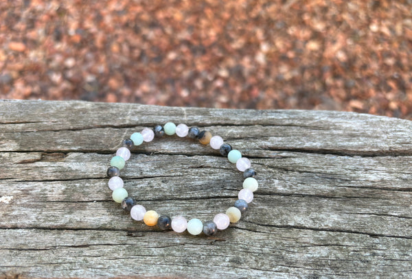 Bracelet élastique de Lithothérapie en Labradorite, Quartz Rose et Amazonite, Made in France