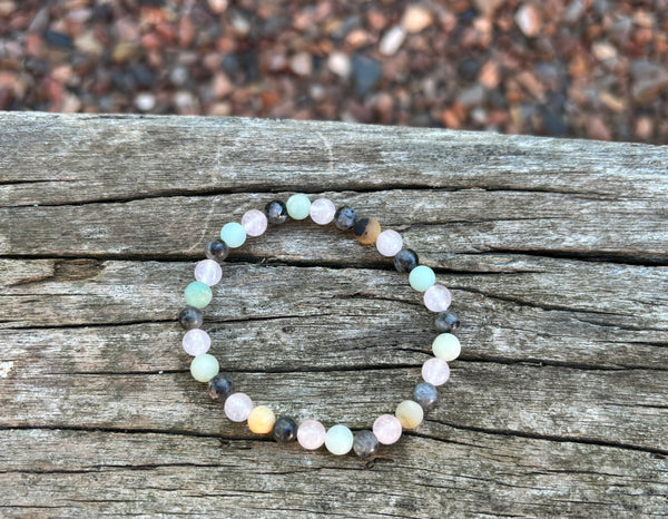 Bracelet élastique de Lithothérapie en Labradorite, Quartz Rose et Amazonite, Made in France