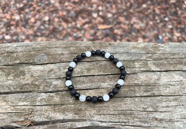 Bracelet élastique de Lithothérapie "Triple Protection" Pierre de lune, Pierre de lave et Onyx