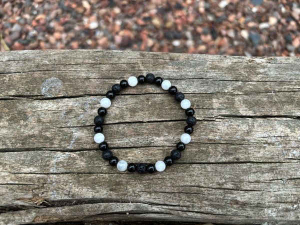 Bracelet élastique de Lithothérapie "Triple Protection" Pierre de lune, Pierre de lave et Onyx