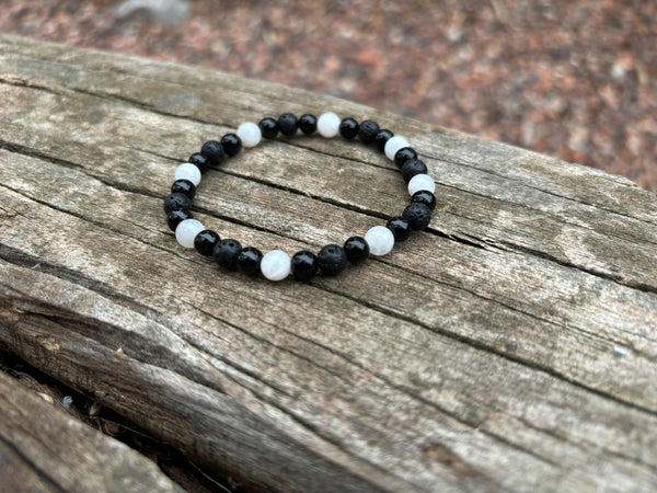Bracelet élastique de Lithothérapie "Triple Protection" Pierre de lune, Pierre de lave et Onyx