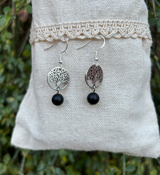 Boucles d'oreilles pendantes en Onyx et arbre de vie, Made in France