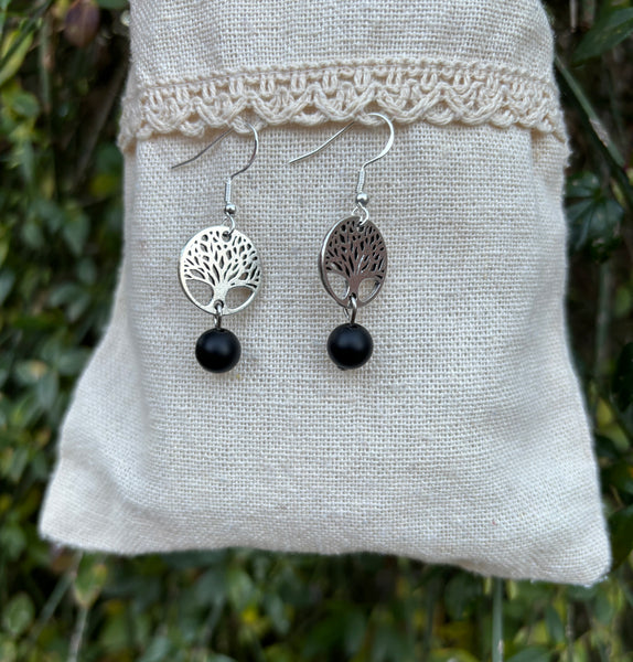 Boucles d'oreilles pendantes en Onyx et arbre de vie, Made in France