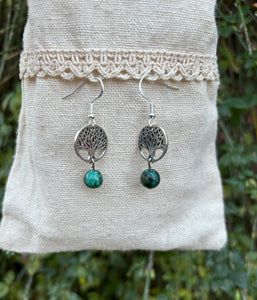 Boucles d'oreilles pendantes en Turquoise Africaine et arbre de vie, Made in France