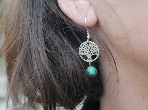 Boucles d'oreilles pendantes en Turquoise Africaine et arbre de vie, Made in France