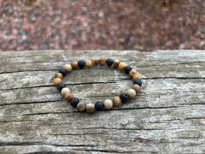 Bracelet élastique de Lithothérapie en Jaspe paysage et pierre de lave, Made in France