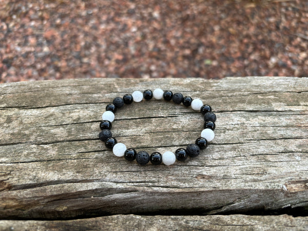 Bracelet élastique de Lithothérapie "Triple Protection" Pierre de lune, Pierre de lave et Onyx