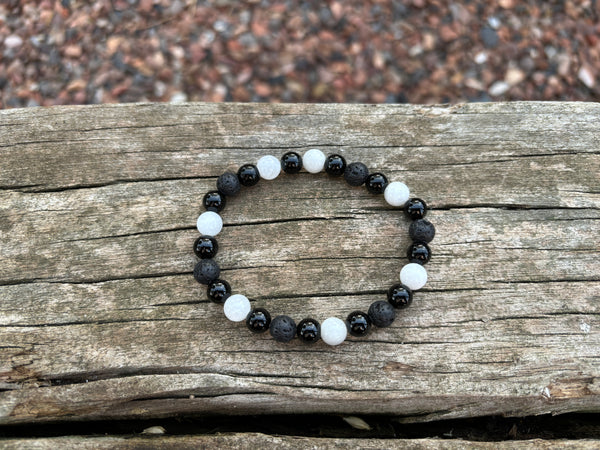 Bracelet élastique de Lithothérapie "Triple Protection" Pierre de lune, Pierre de lave et Onyx