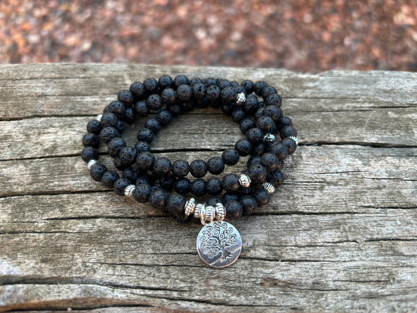 Bracelet Mala tibétain en Pierre de Lave et breloque Arbre de vie