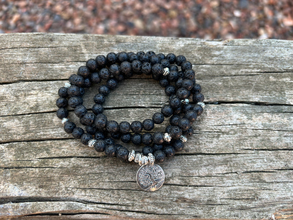 Bracelet Mala tibétain en Pierre de Lave et breloque Arbre de vie