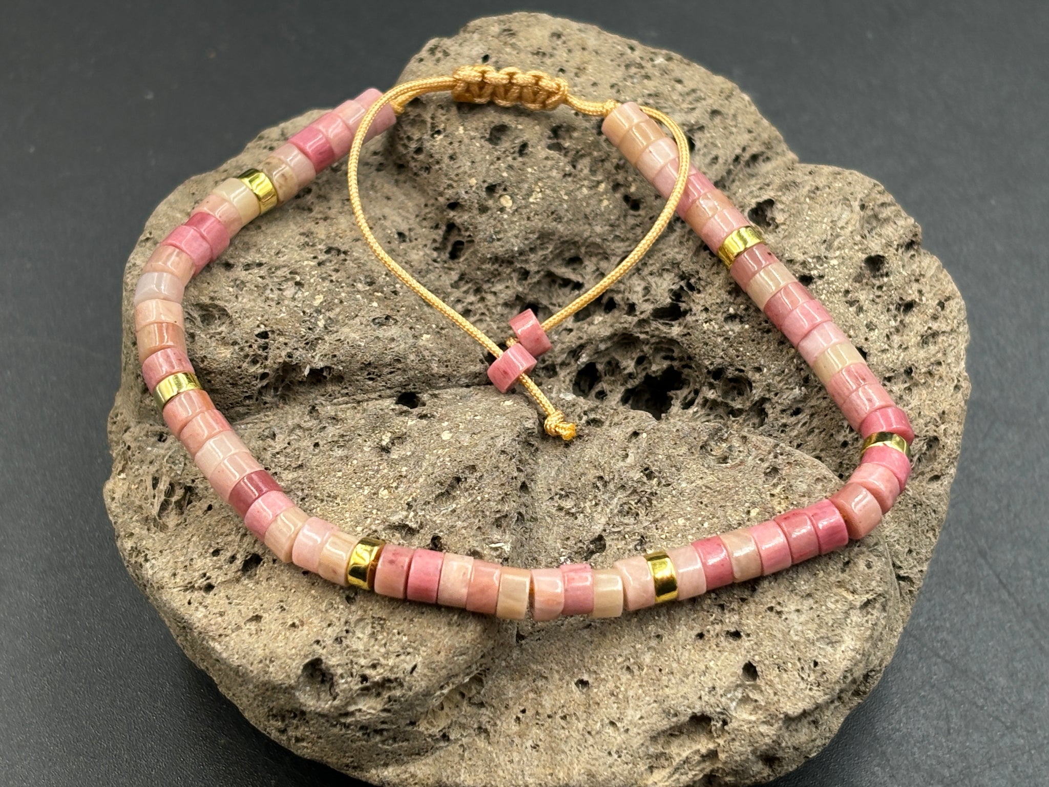 Bracelet Shamballa ajustable, perles en Rhodochrosite naturelle
