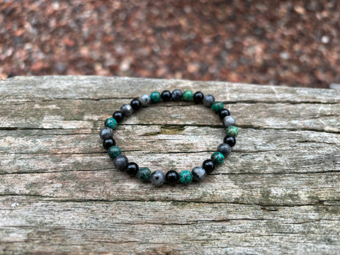 Bracelet élastique de Lithothérapie "Triple Protection" Labradorite, Turquoise Africaine et Onyx noire, Made in France