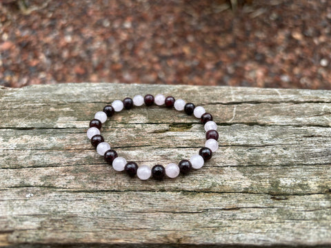 Bracelet élastique de Lithothérapie Quartz Rose et Grenat, Made in France