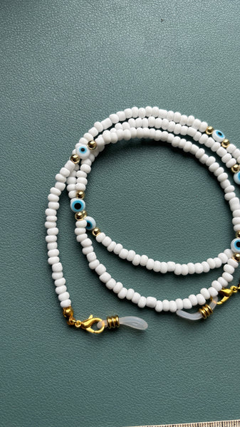 Chaîne cordons à lunettes de soleil, perles blanches et Oeil Turc Nazar Boncuk, Made in France