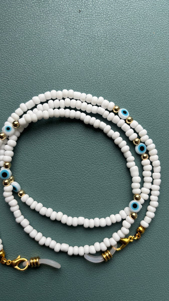 Chaîne cordons à lunettes de soleil, perles blanches et Oeil Turc Nazar Boncuk, Made in France
