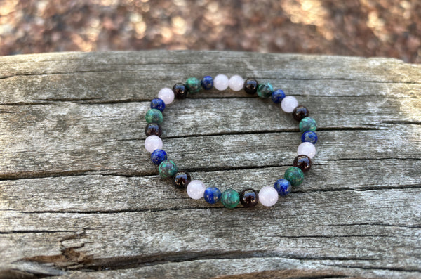 Bracelet élastique de Lithothérapie "multi Protection" Turquoise Africaine, Lapis Lazuli, Quartz Rose et Grenat, Made in France
