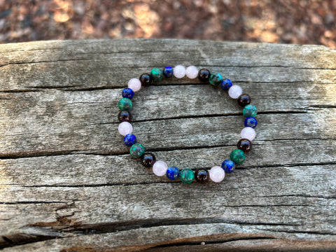 Bracelet élastique de Lithothérapie "multi Protection" Turquoise Africaine, Lapis Lazuli, Quartz Rose et Grenat, Made in France