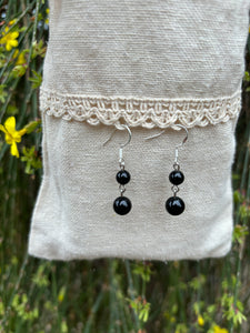 Boucles d'oreilles pendantes à 2 boules en Agate Noire naturelle, Made in France